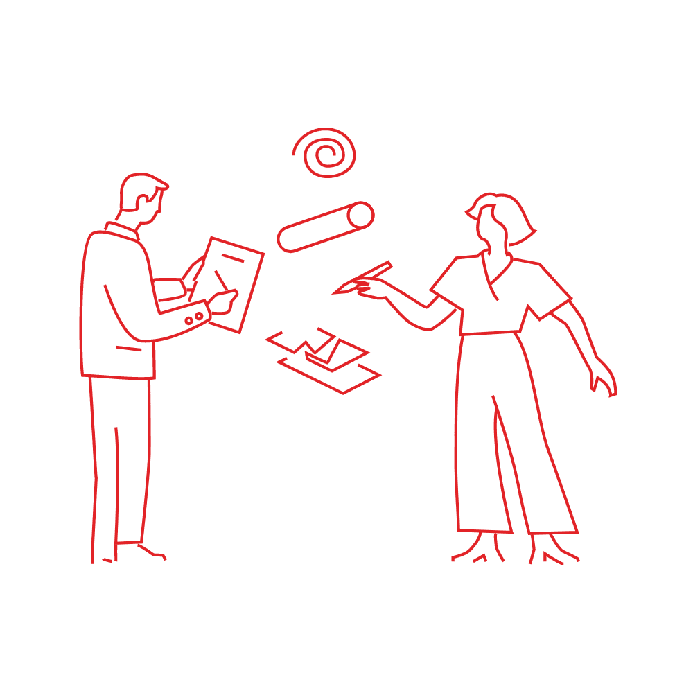 Illustration of two professionals discussing designs, showcasing Aasted’s dedication to collaborative innovation in confectionery equipment solutions