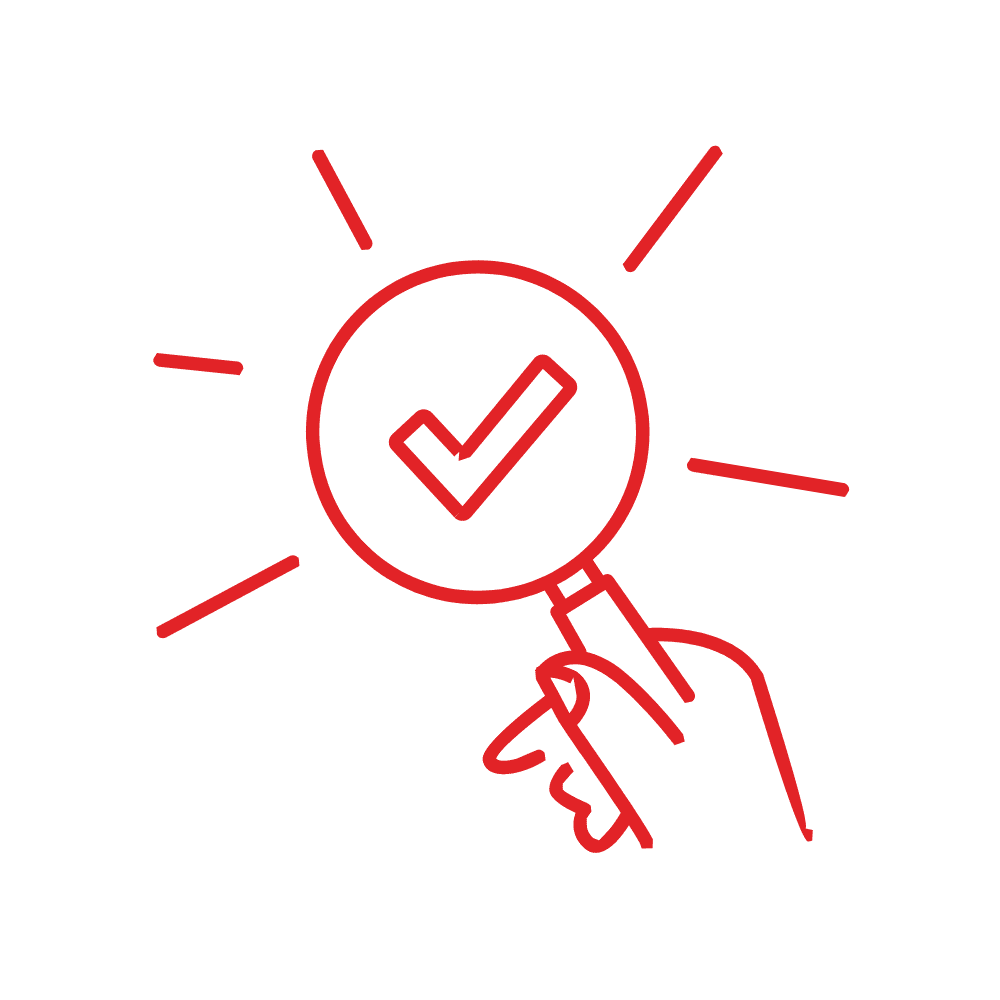 Illustration of a magnifying glass with a checkmark, representing Aasted’s commitment to quality assurance and precision
